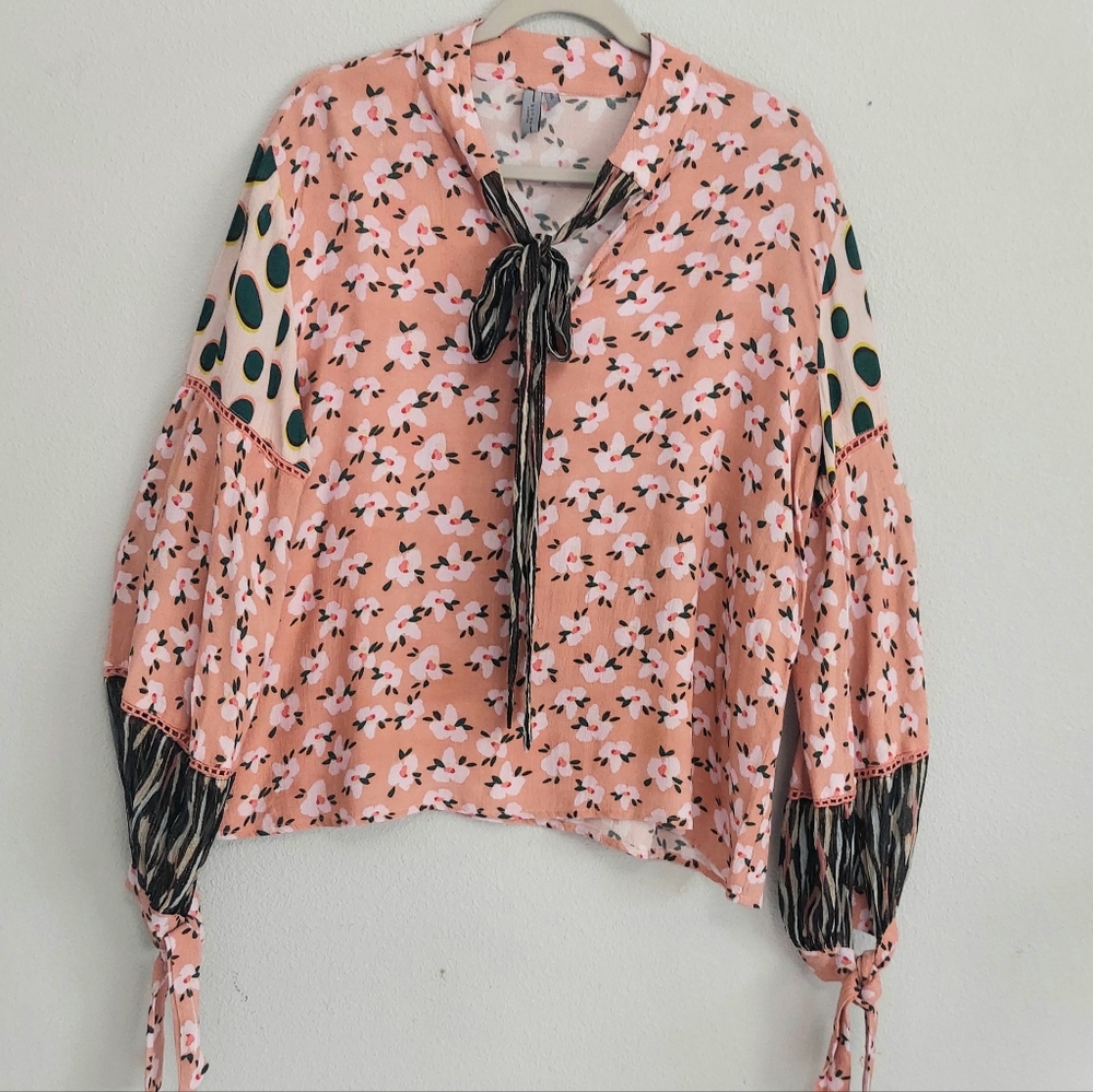 Blank London Anthropologie Pink Floral Whimsy Peasant Pull On Blouse XL